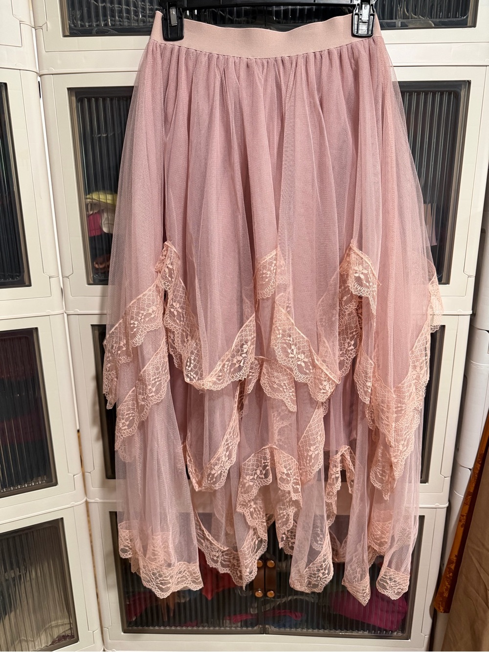 ROMWE Dusty Pink Asymmetrical Layered Lace Tulle Skirt